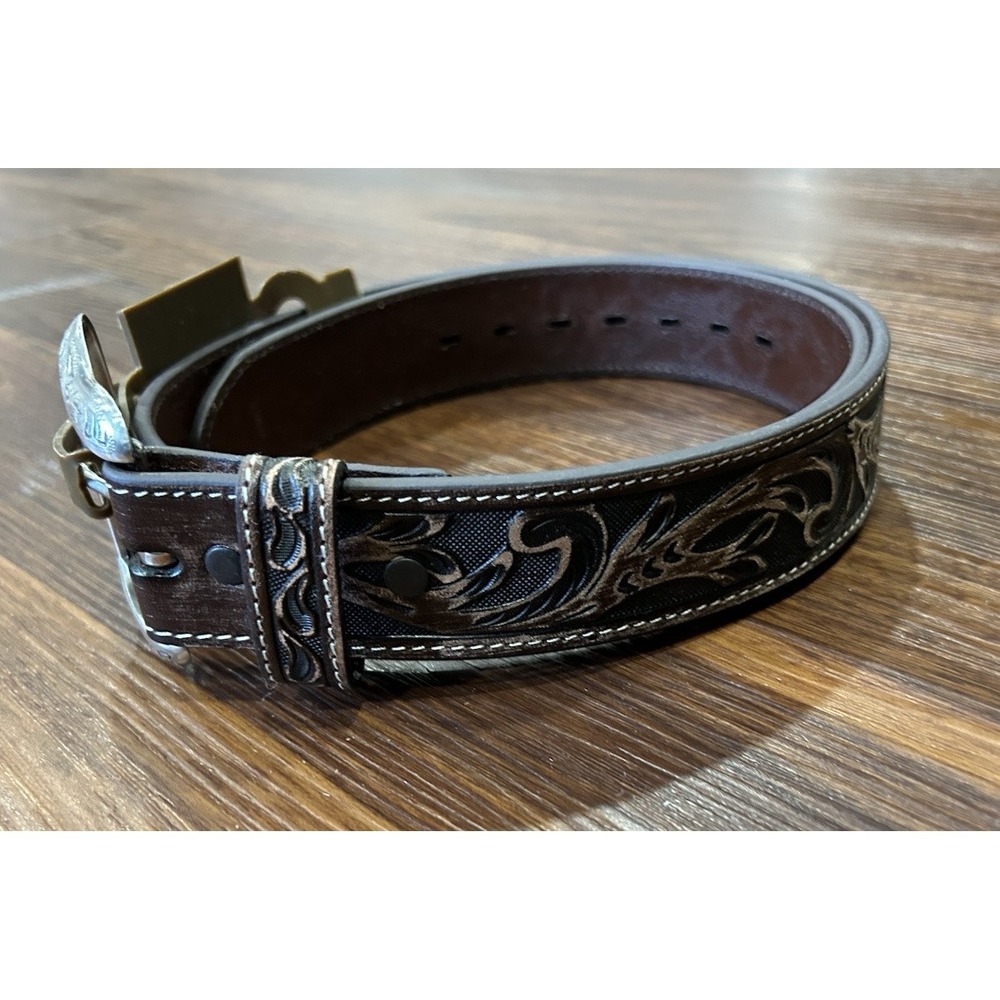 Roper Tooled Dark Brown Mens 34 Belt With Replaceable Silver Buckle - Picture 11 of 12